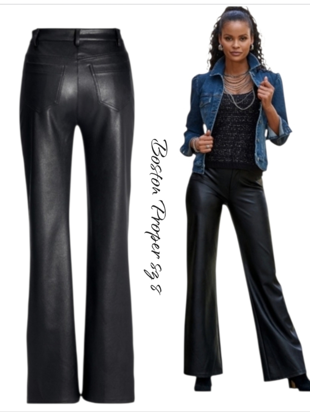 Boston Proper Malibu Black Faux Leather Wide Leg Five Pocket Pant Vegan Size 8